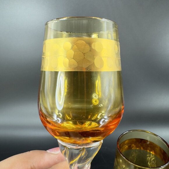 Vintage Czech Bohemian Small Goblet Drinking Glasses Set 2 Amber Clear Bottom - Picture 3 of 10
